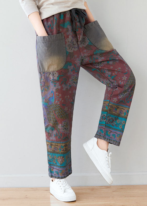 Unique Grey Tie Waist Pockets Patchwork Print Pants Spring