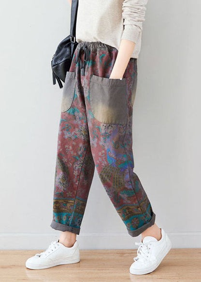 Unique Grey Tie Waist Pockets Patchwork Print Pants Spring