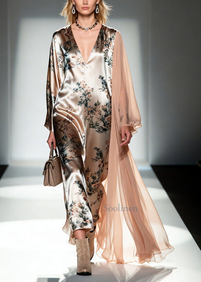 Unique Khaki Asymmetrical Patchwork Print Silk Long Dress Summer