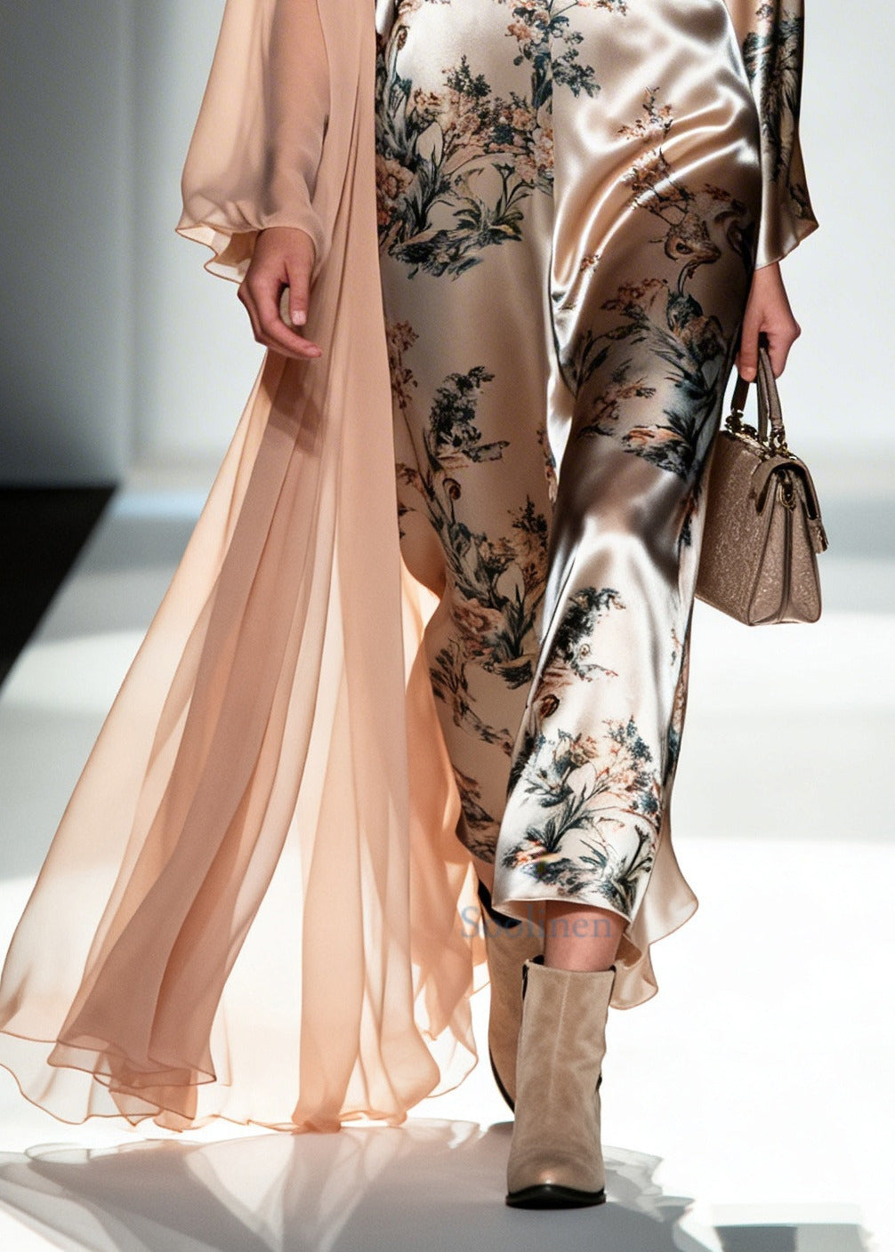 Unique Khaki Asymmetrical Patchwork Print Silk Long Dress Summer