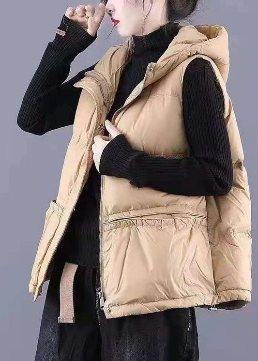 Unique Khaki Hooded Pockets Winter Sleeveless Puffer Vest