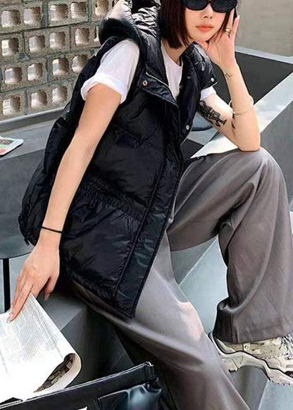 Unique Khaki Hooded Pockets Winter Sleeveless Puffer Vest