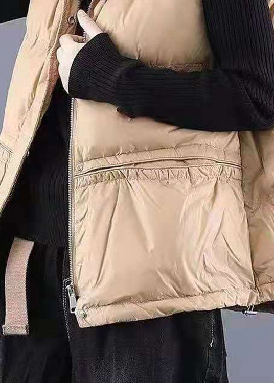Unique Khaki Hooded Pockets Winter Sleeveless Puffer Vest