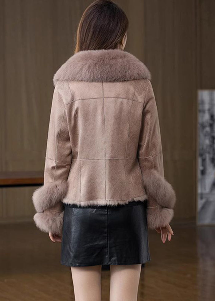 Unique Khaki Fox Collar Silm Fit Fuzzy Rabbit Leather and Fur Coats Winter