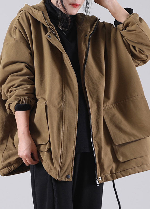 Unique Khaki Hooded Drawstring Warm Fleece Jacket in Winter Winter
