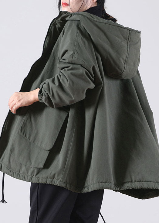 Unique Khaki Hooded Drawstring Warm Fleece Jacket in Winter Winter