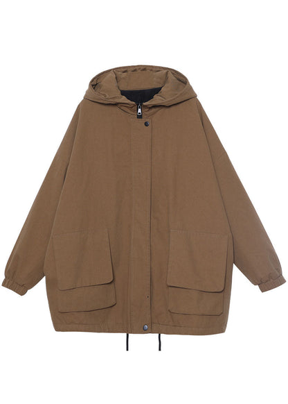 Unique Khaki Hooded Drawstring Warm Fleece Jacket in Winter Winter