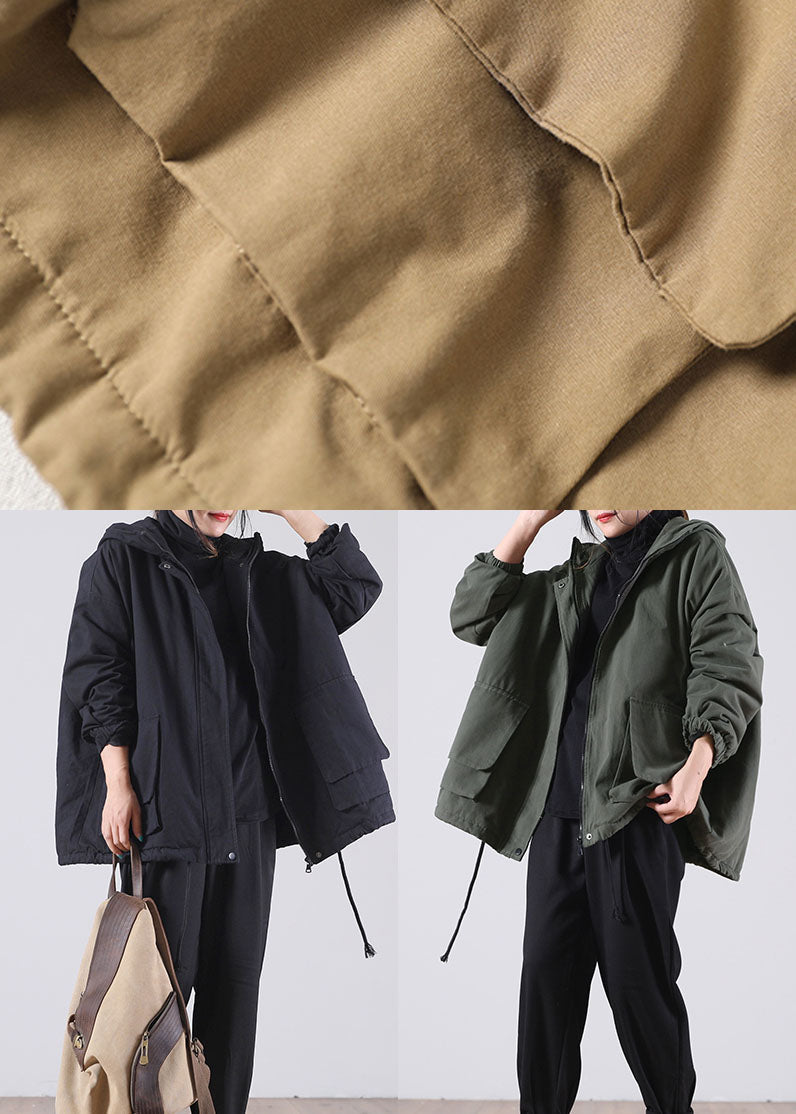 Unique Khaki Hooded Drawstring Warm Fleece Jacket in Winter Winter