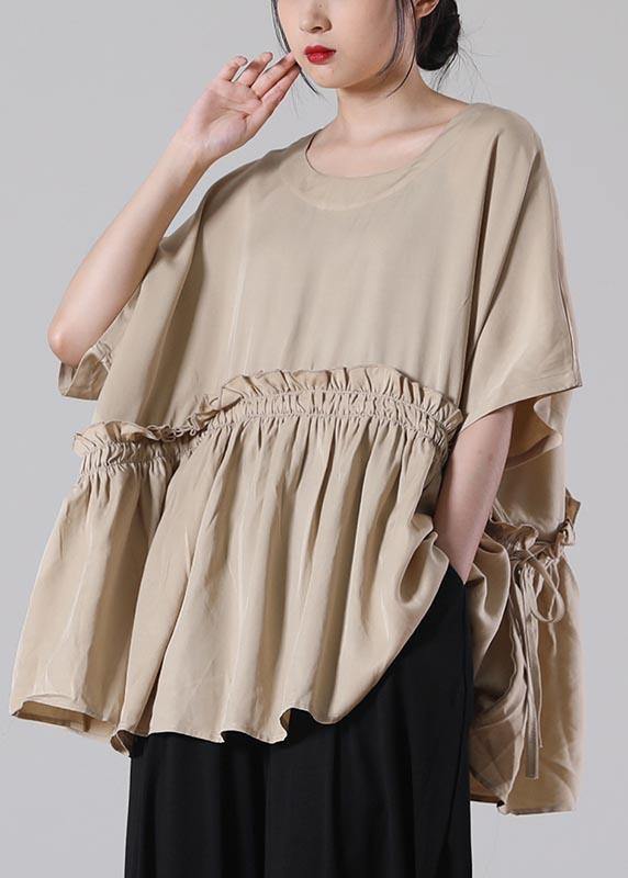 Unique Khaki O-neck Cotton Loose Top Summer