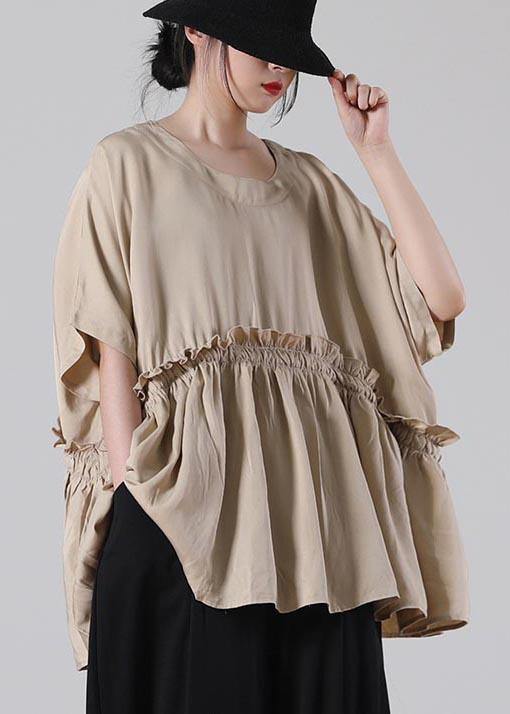 Unique Khaki O-neck Cotton Loose Top Summer
