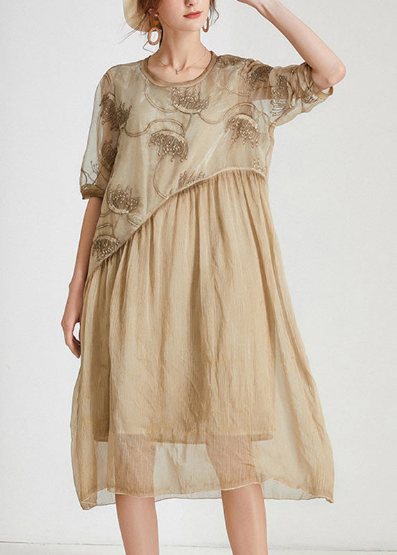 Unique Khaki O-neck Cozy Chiffon Maxi Dress Short Sleeve