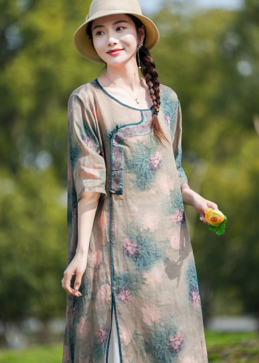 Unique Khaki O-neck Print Patchwork Linen Mid Dresses Summer