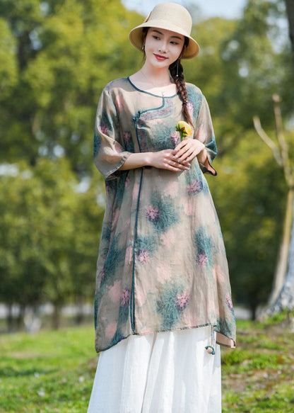 Unique Khaki O-neck Print Patchwork Linen Mid Dresses Summer
