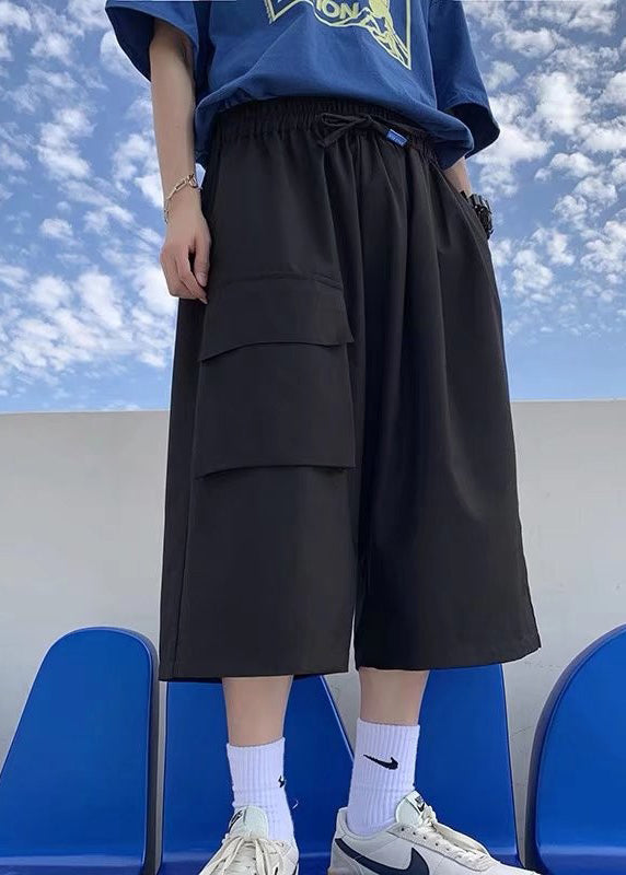 Unique Khaki Pockets Patchwork Elastic Waist Ice Silk Crop Pants