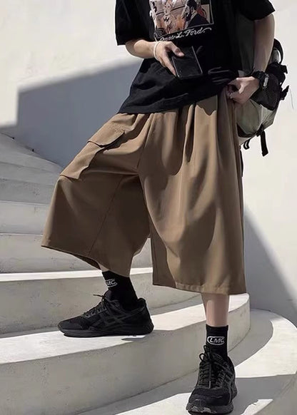 Unique Khaki Pockets Patchwork Elastic Waist Ice Silk Crop Pants