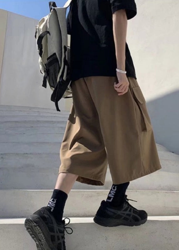 Unique Khaki Pockets Patchwork Elastic Waist Ice Silk Crop Pants