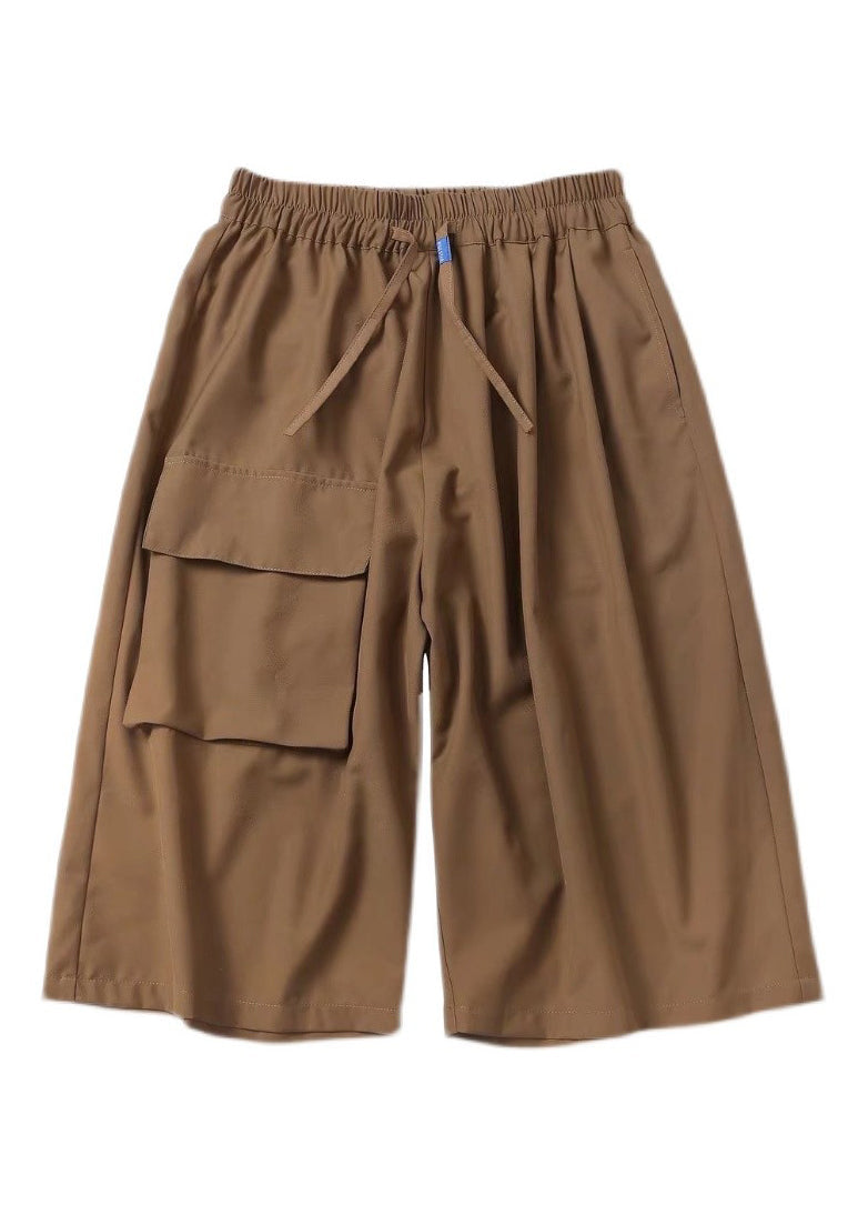 Unique Khaki Pockets Patchwork Elastic Waist Ice Silk Crop Pants