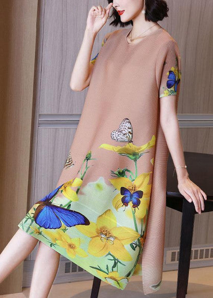 Unique Khaki Butterfly Print Knee Dress Summer Holiday Outfits