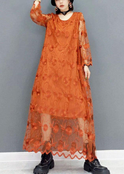 Unique Khaki Tulle Embroideried Fall Long Sleeve Long Dress