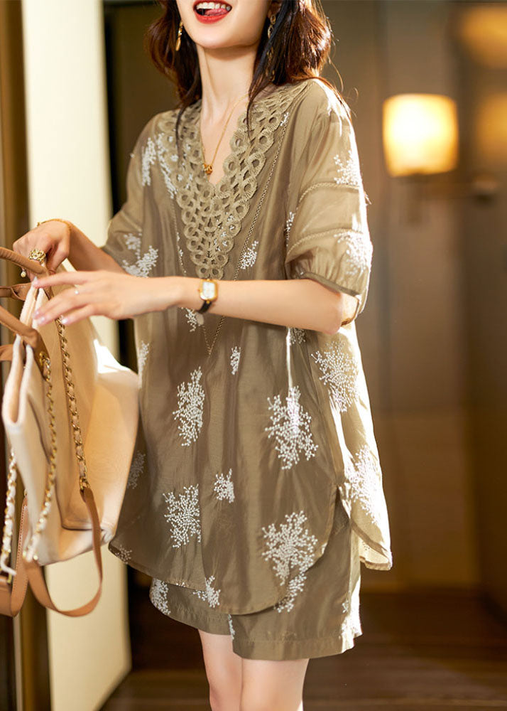 Unique Khaki V Neck Embroidered Chiffon Top and Shorts Two Pieces Set Summer