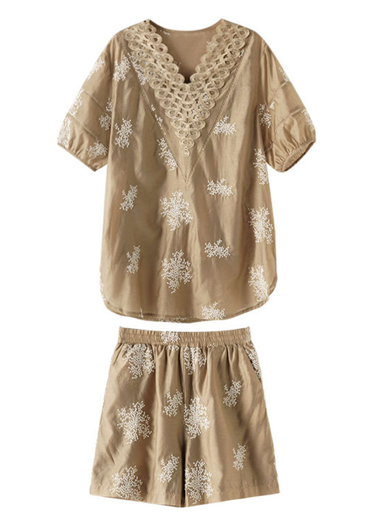 Unique Khaki V Neck Embroidered Chiffon Top and Shorts Two Pieces Set Summer