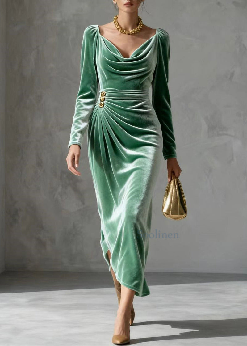 Unique Lake Green Wrinkled Silk Velvet Tea Dress Spring