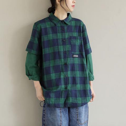 Unique Lapel False Two Pieces Crane Tops Design Black White Plaid Tops