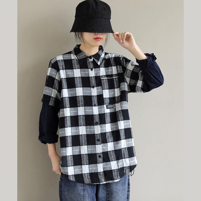 Unique Lapel False Two Pieces Crane Tops Design Black White Plaid Tops