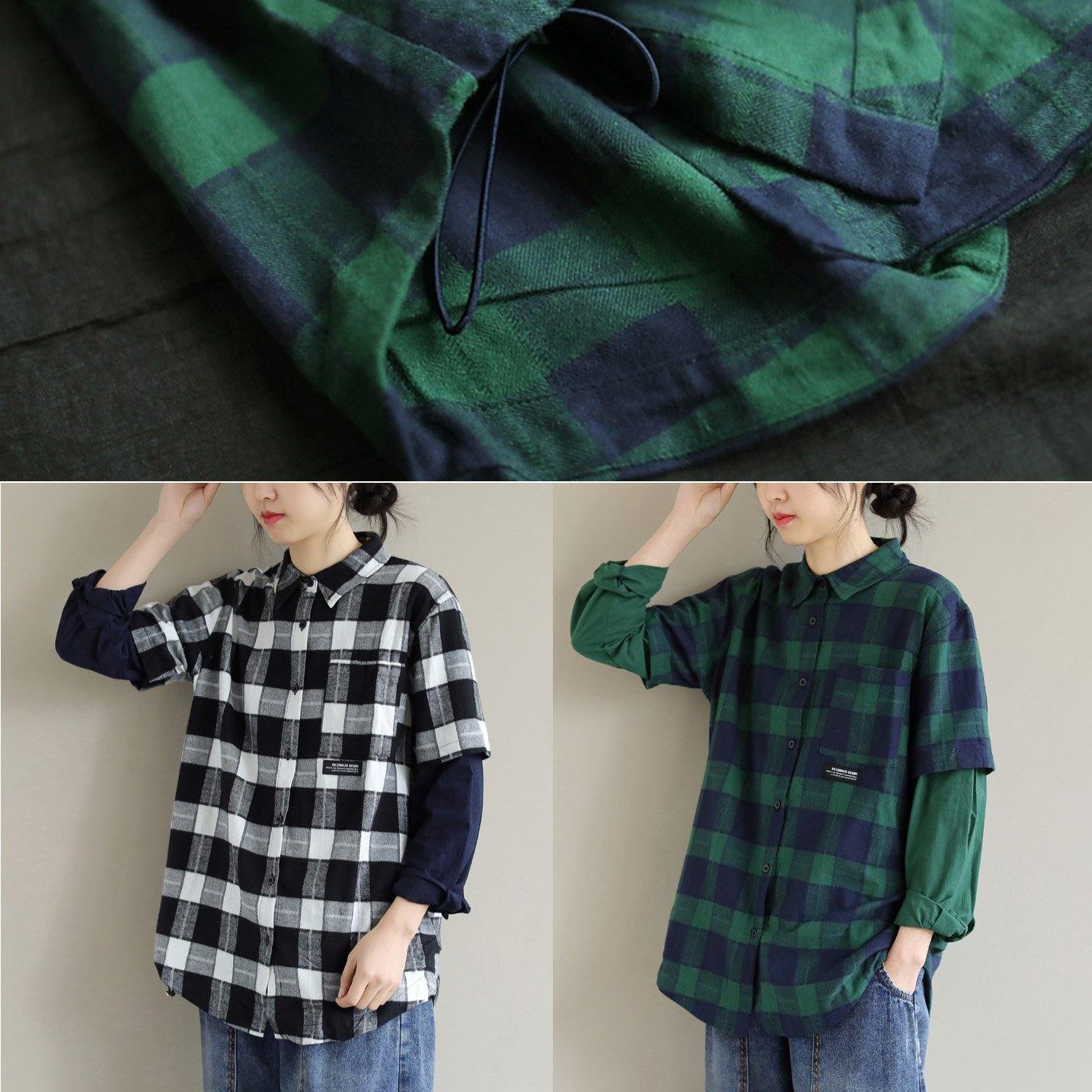 Unique Lapel False Two Pieces Crane Tops Design Black White Plaid Tops