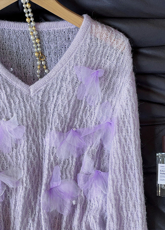 Unique Lavender V Neck Decorated Knit Pullover Fall