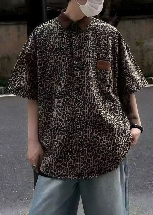 Unique Leopard Pockets Corduroy Patchwork Shirts Half Sleeve