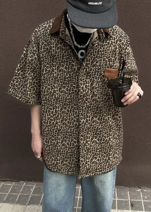 Unique Leopard Pockets Corduroy Patchwork Shirts Half Sleeve