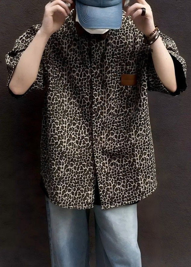 Unique Leopard Pockets Corduroy Patchwork Shirts Half Sleeve