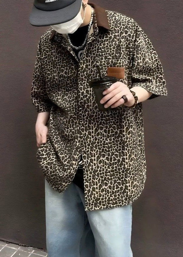 Unique Leopard Pockets Corduroy Patchwork Shirts Half Sleeve