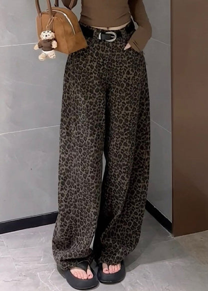 Unique Leopard Pockets High Waist Denim Wide Leg Pants Fall