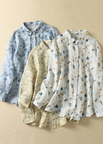 Unique Light Yellow Oversized Print Linen Shirt Tops Spring