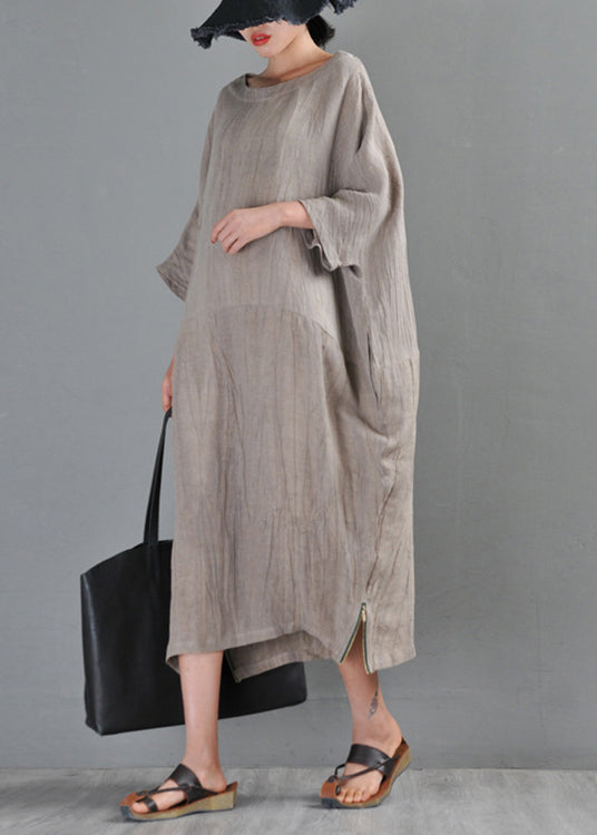 Unique Linen Colour O-neck Zip Up Side Open Linen Long Dresses Half Sleeve