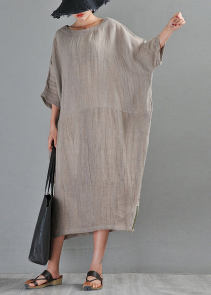 Unique Linen Colour O-neck Zip Up Side Open Linen Long Dresses Half Sleeve