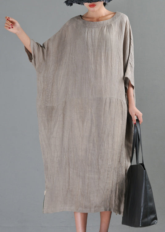 Unique Linen Colour O-neck Zip Up Side Open Linen Long Dresses Half Sleeve