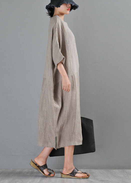Unique Linen Colour O-neck Zip Up Side Open Linen Long Dresses Half Sleeve