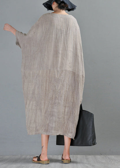 Unique Linen Colour O-neck Zip Up Side Open Linen Long Dresses Half Sleeve
