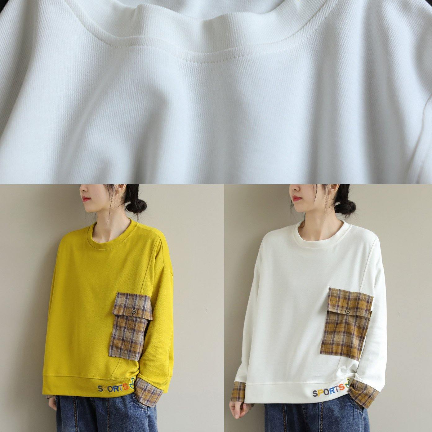 Unique Long Sleeve cotton Embroidery Pockets Tunic Top Photography Yellow blouse