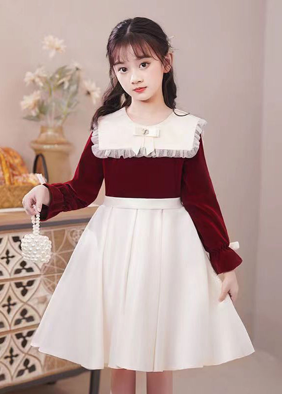 Unique Mulberry Ruffled Patchwork Warm Fleece Kids Dress Winter