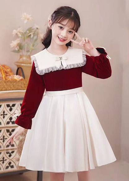 Unique Mulberry Ruffled Patchwork Warm Fleece Kids Dress Winter