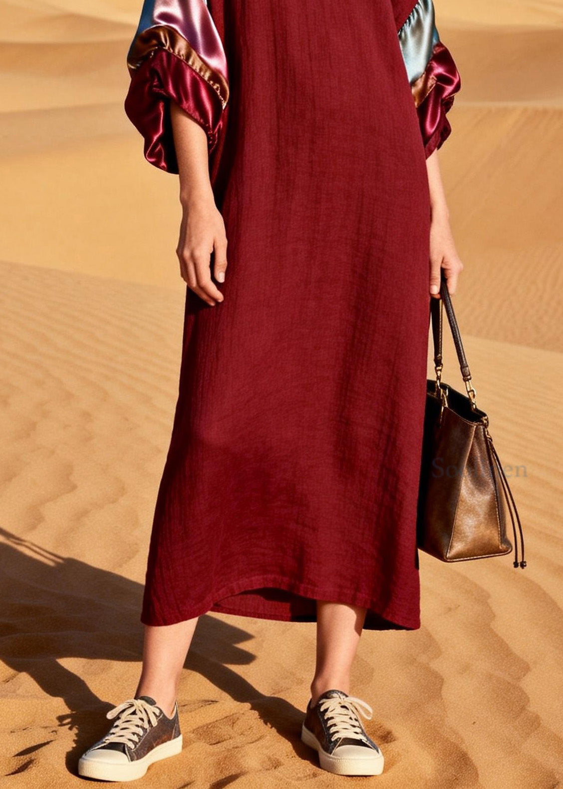 Unique Mulberry V Neck Silk Patchwork Linen Dress Summer