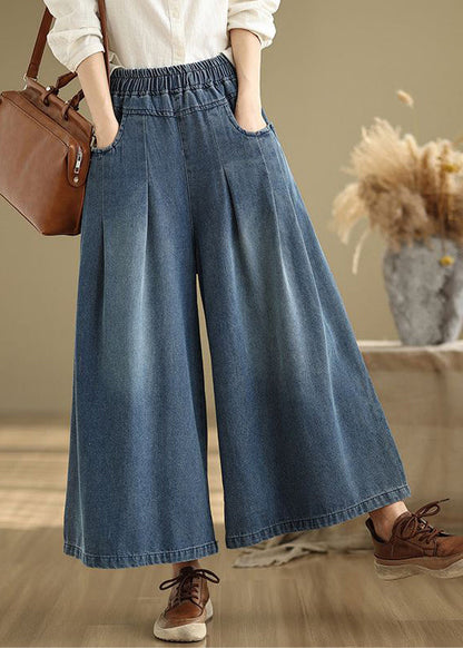 Unique Navy Elastic Waist Wrinkled Denim Wide Leg Pants Summer