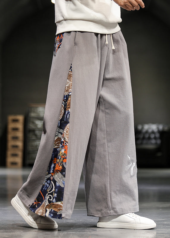 Unique Navy Embroideried Patchwork Cotton Wide Leg Pants Summer
