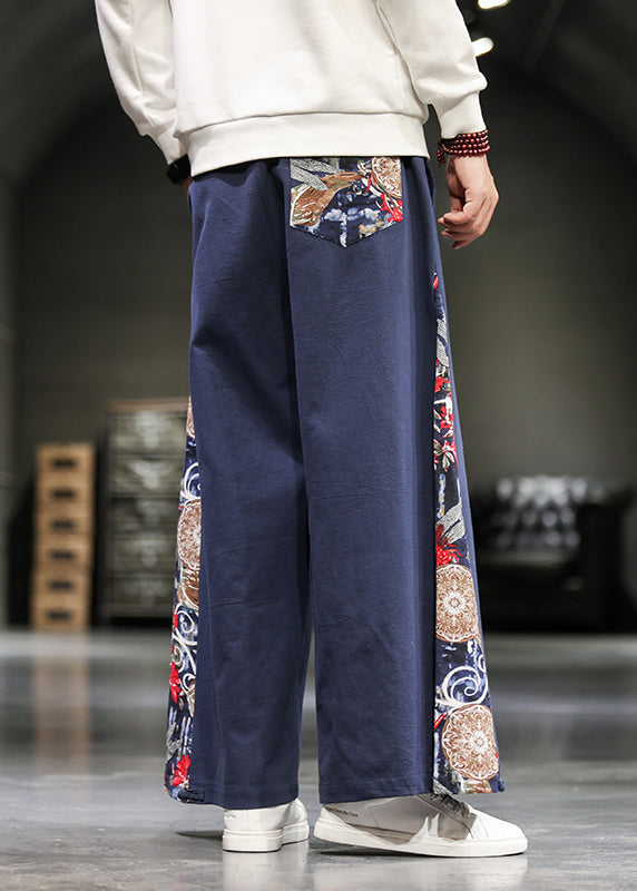 Unique Navy Embroideried Patchwork Cotton Wide Leg Pants Summer