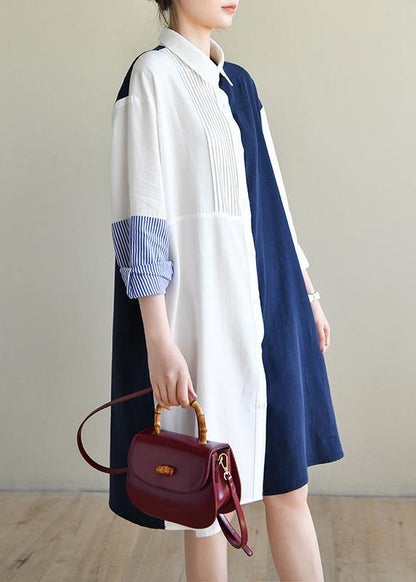 Unique Navy Patchwork White Peter Pan Collar Cotton Spring Mid Dress
