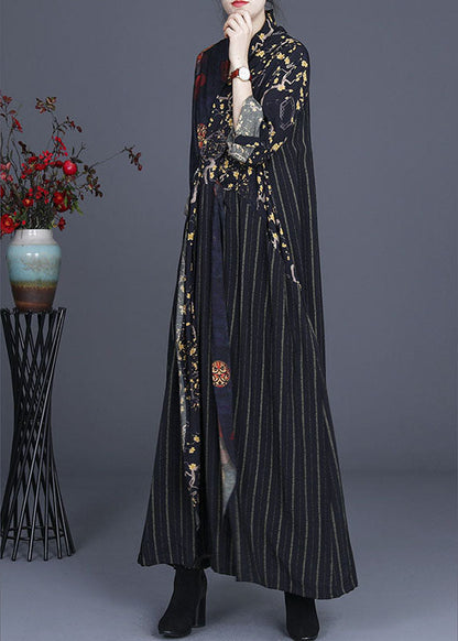 Unique Navy Print Patchwork Tie Waist Fall Long Sleeve Vacation Dresses